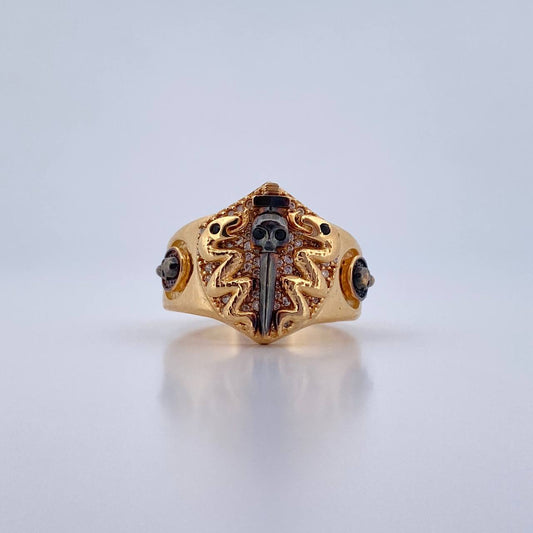 Skull Swords Ring 11.6gr / Size 9 1/2 / Black and White Zircons Two-tone Black Yellow 18K Gold $