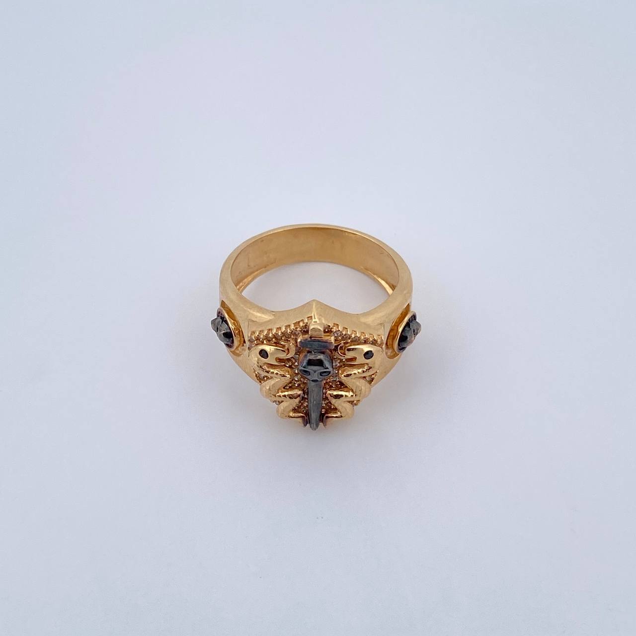 Skull Swords Ring 11.6gr / Size 9 1/2 / Black and White Zircons Two-tone Black Yellow 18K Gold $