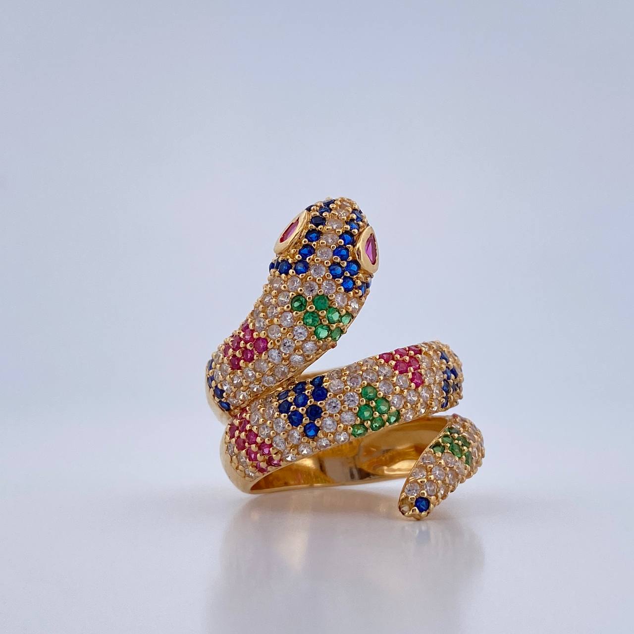 Snake Ring 10.3gr / Size 7 1/2 / Green, Fuchsia, Blue, White Zircons Yellow Gold 18K $