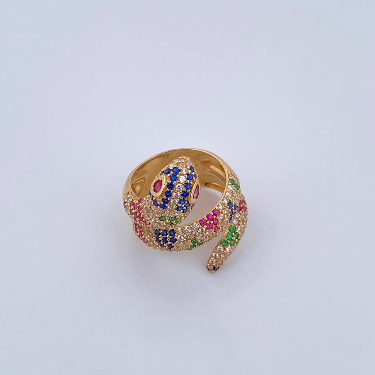 Snake Ring 10.3gr / Size 7 1/2 / Green, Fuchsia, Blue, White Zircons Yellow Gold 18K $