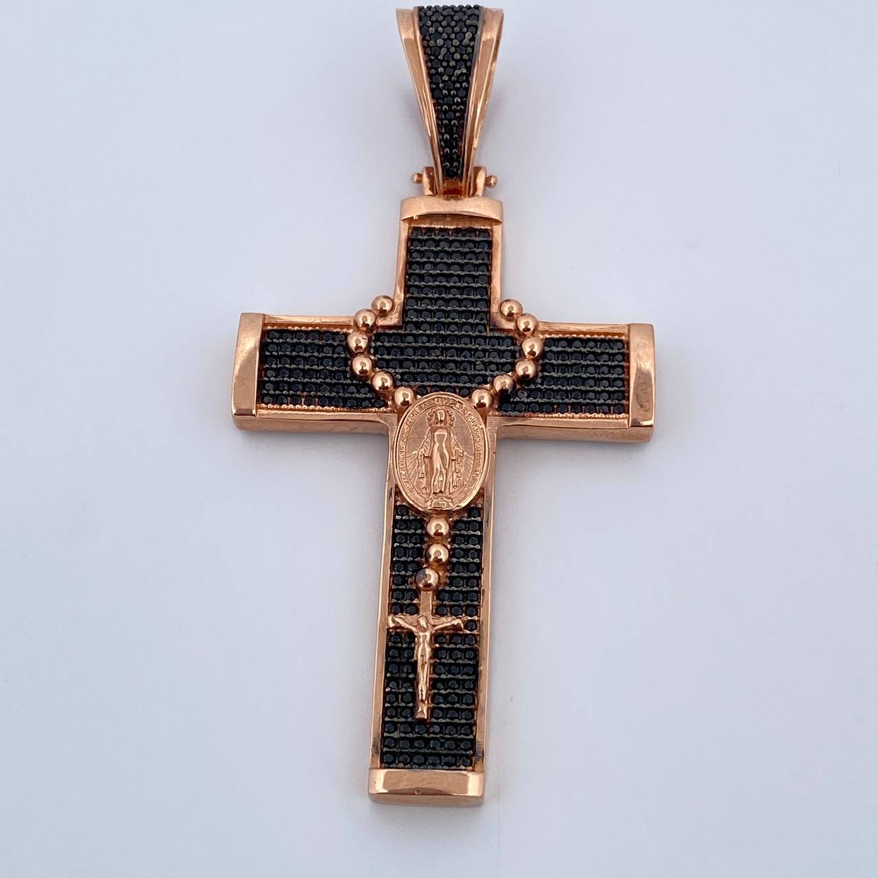 Pendant Virgin Miraculous Cross Rosary 14.55gr / 6.9cm / Black Zircons Two-tone Black and Rose 18K $