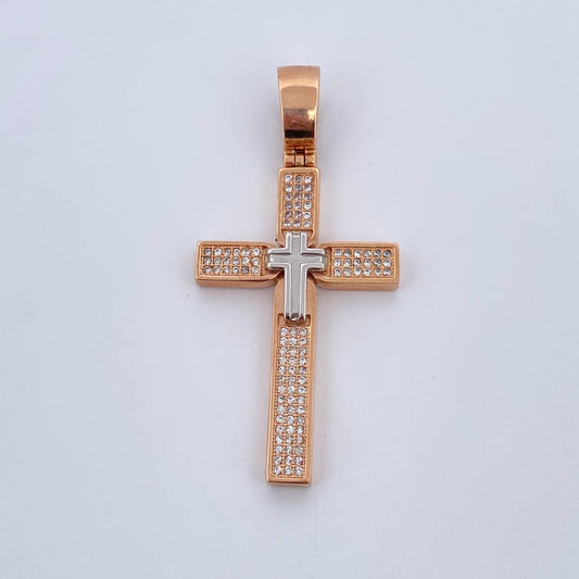 Dije Cruz Doble 7.8gr / 5.2cm / Circones Blancos Dos Oros Blanco Rosa 18K $