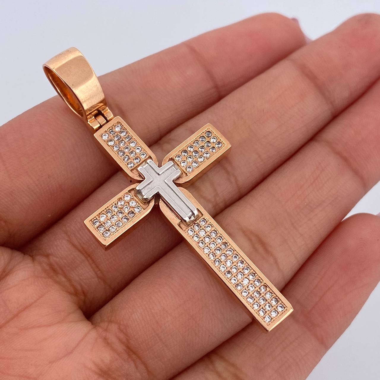 Dije Cruz Doble 7.8gr / 5.2cm / Circones Blancos Dos Oros Blanco Rosa 18K $