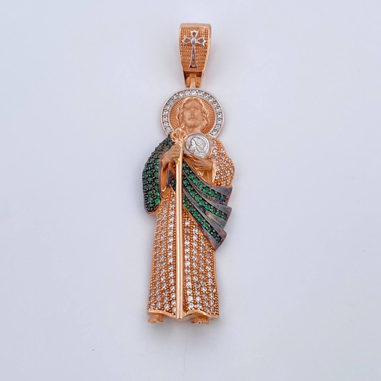 Pendant San Judas Tadeo 10gr / 5.7cm / White and Green Zircons Three 18K Golds $