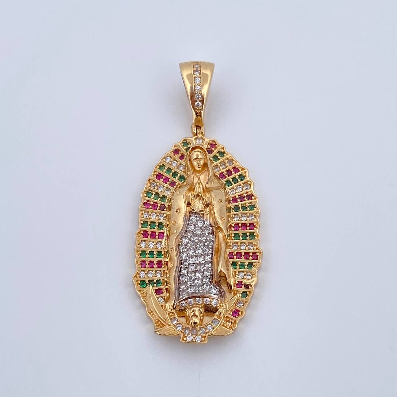 Pendant Virgin Guadalupe 10gr / 4.6cm / Fuchsia Green White Zircons Two 18K Yellow White Gold $