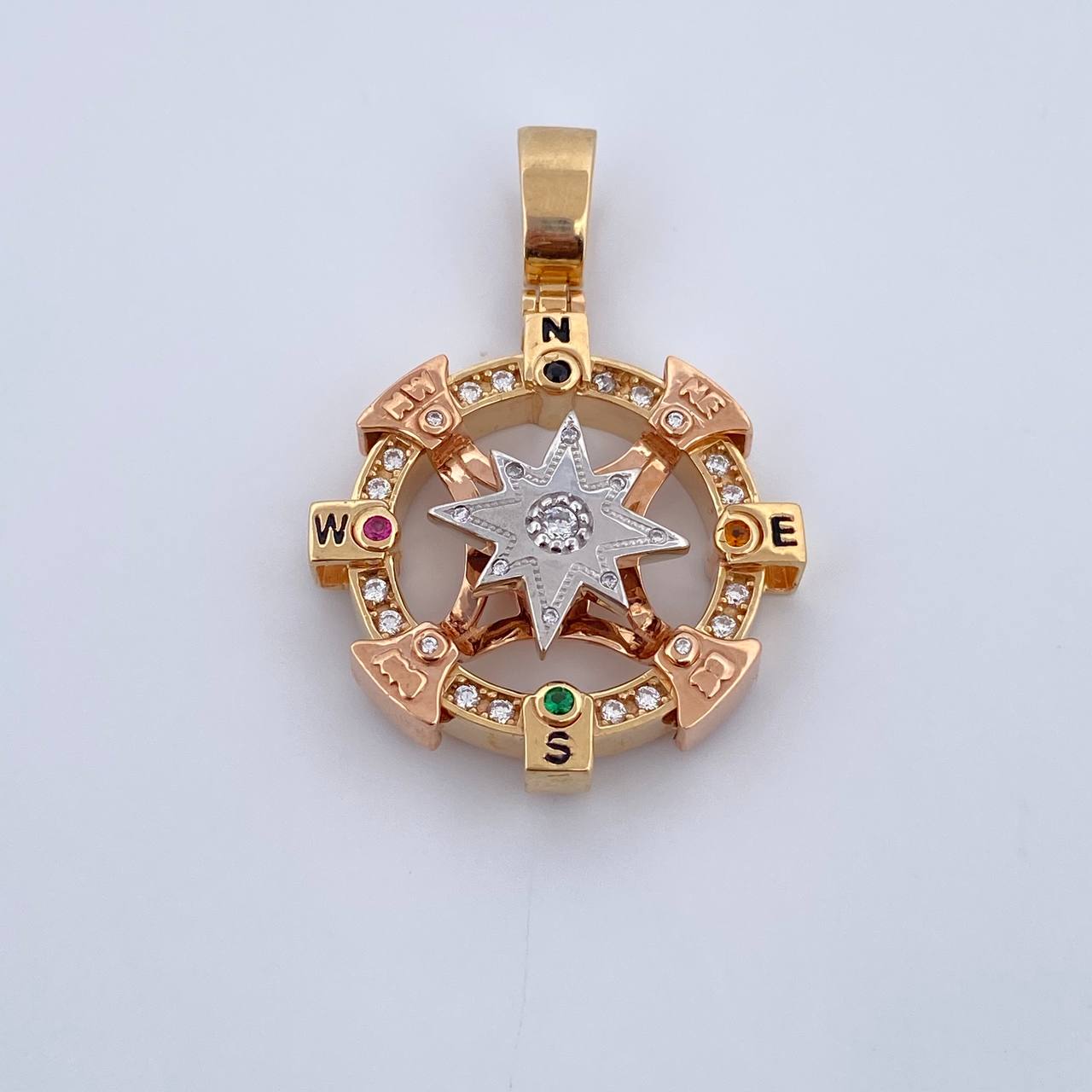 Pendant Compass 18.25gr / 4.1cm / Black Orange Green Fuchsia White Zircons Three 18K Golds $