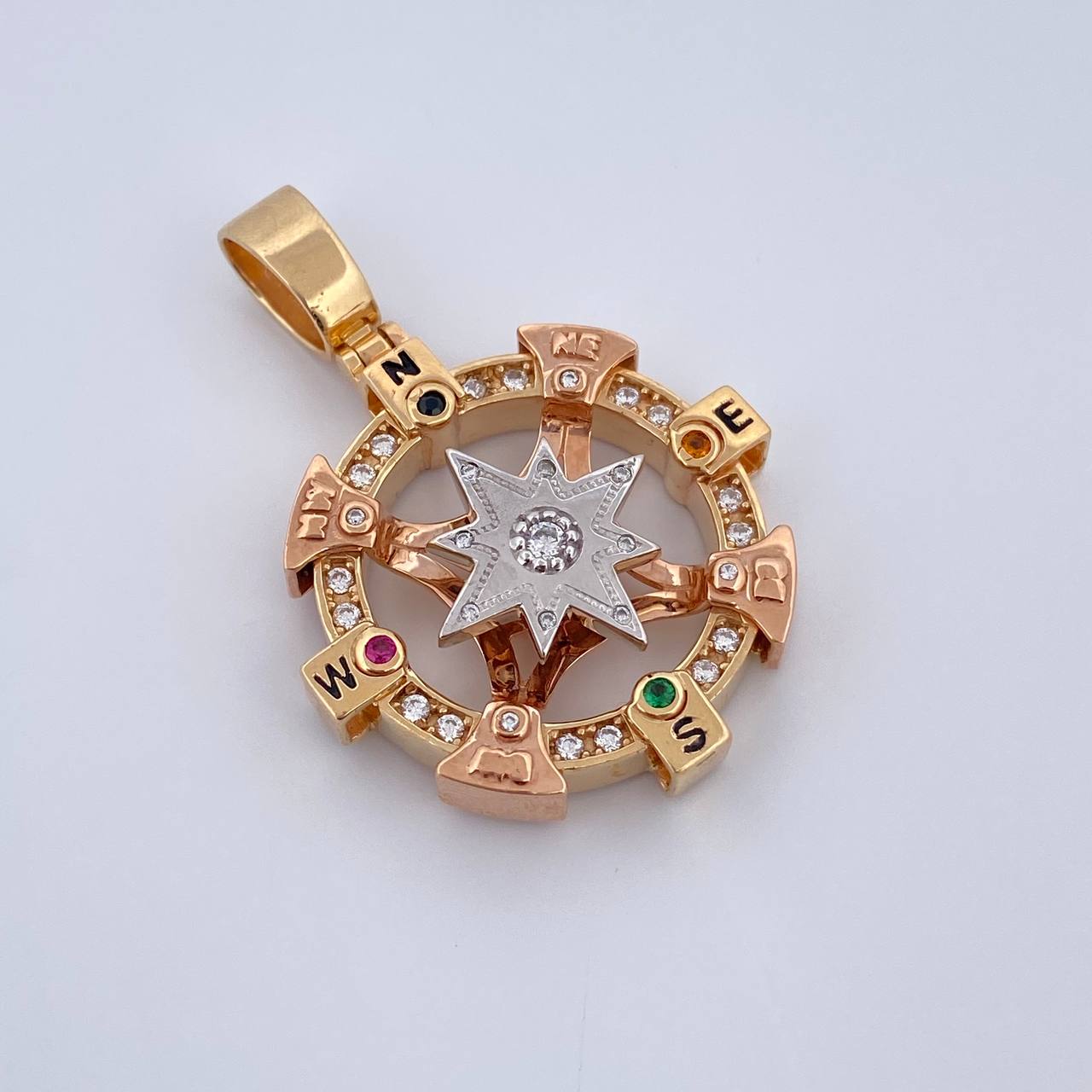 Pendant Compass 18.25gr / 4.1cm / Black Orange Green Fuchsia White Zircons Three 18K Golds $