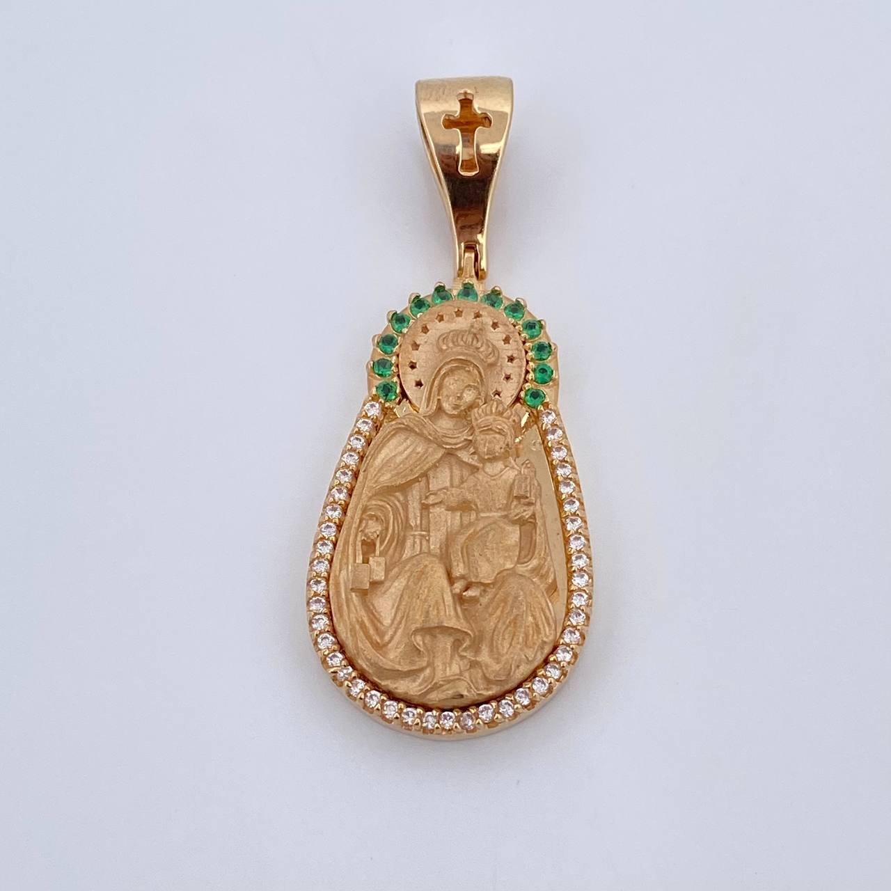 Pendant Virgin of Carmen 10.2gr / 4.1cm / White and Green Zircons 18K Yellow Gold $