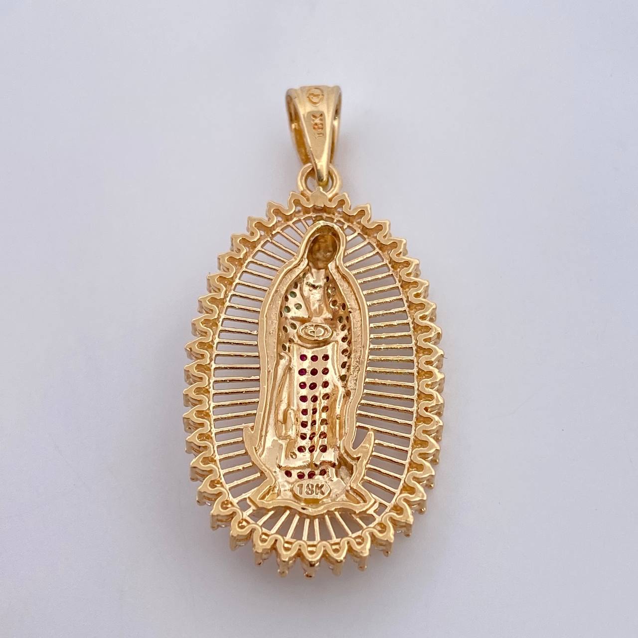 Pendant Virgin Guadalupe 7.35gr / 4.3cm / White Green Fuchsia Zircons 18K Yellow Gold $