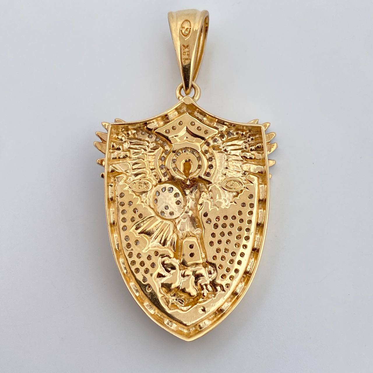 Pendant San Miguel Archangel 10gr / 4.63cm / White Zirconia Three 18K Gold $