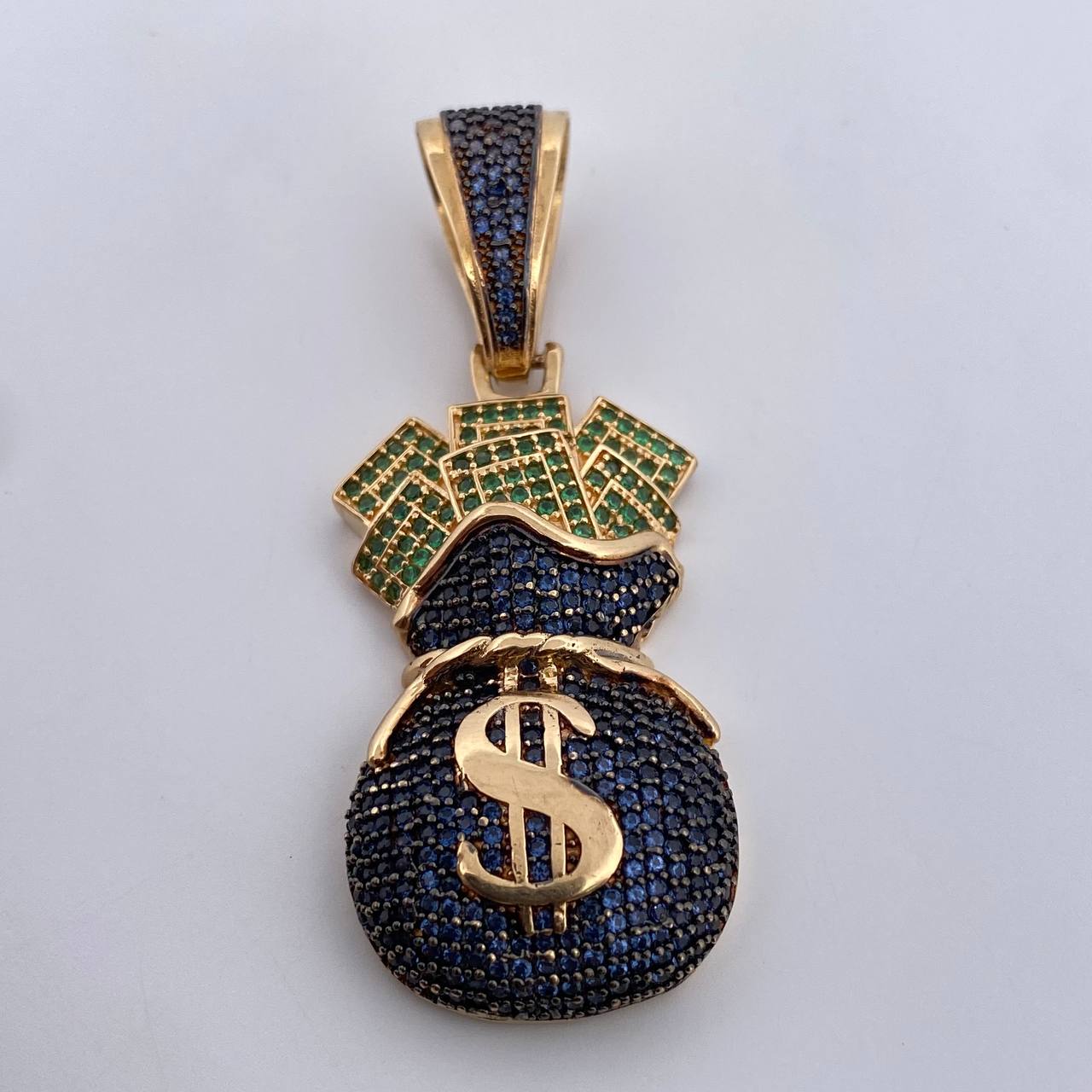 Pendant Money Bag 13.45gr / 5.4cm / Blue Green Zircons Two Golds Black Yellow 18K $