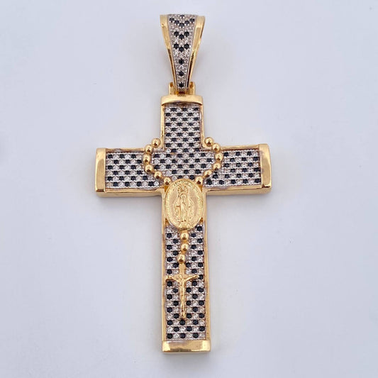 Dije Cruz Rosario Milagrosa 13.65gr / 6.7cm / Circones Blancos  Negros Dos Oros Amarillo Blanco 18K $