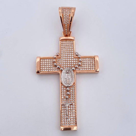 Dije Cruz Rosario Milagrosa 14.25gr / 6.7cm / Circones Blancos Dos Oros Blanco Rosa 18K $