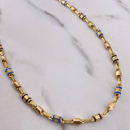 Rustic Striped Chain 14.55gr / 60cm / 4mm Blue Black Rubbers Smooth Barrel 18K Yellow Gold &