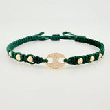 Green Woven Bracelet GC Charm Plain Beads Yellow Gold 18K