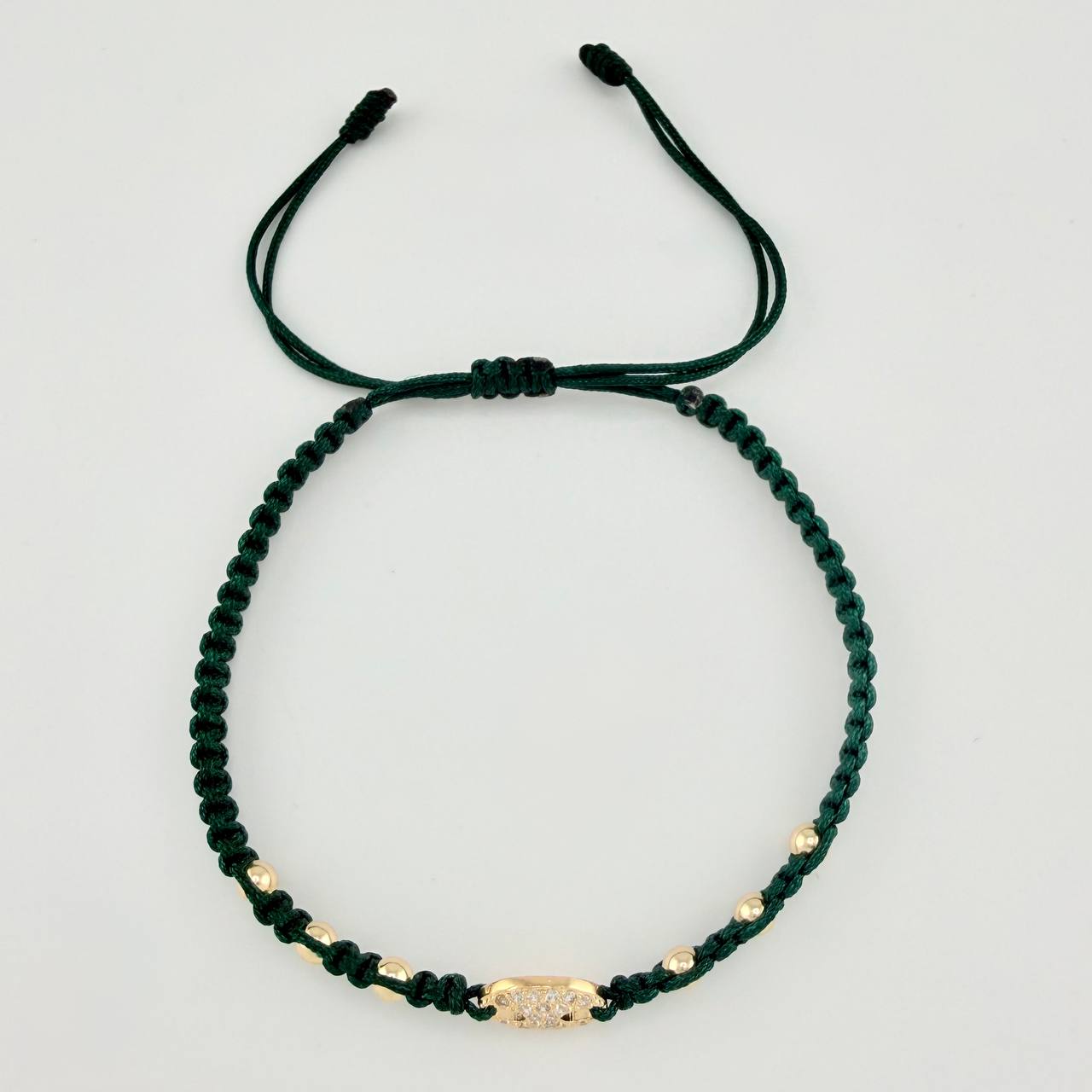 Green Woven Bracelet GC Charm Plain Beads Yellow Gold 18K