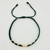 Green Woven Bracelet GC Charm Plain Beads Yellow Gold 18K