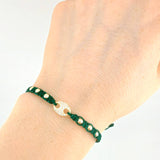 Green Woven Bracelet GC Charm Plain Beads Yellow Gold 18K