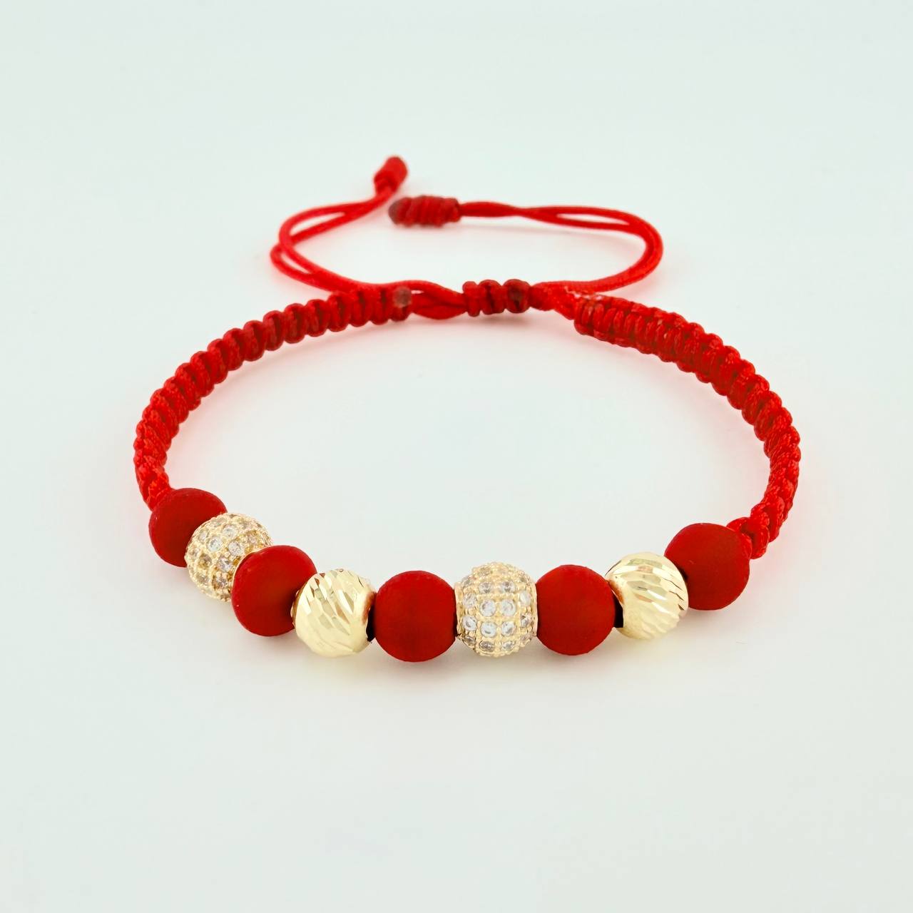 Pulsera Tejida Roja Bolas de Fuego Bolas Diamantadas Oro Amarillo 18K