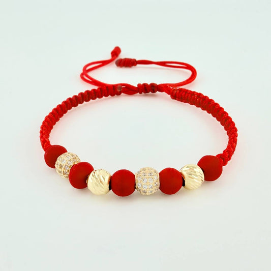 Pulsera Tejida Roja Bolas de Fuego Bolas Diamantadas Oro Amarillo 18K