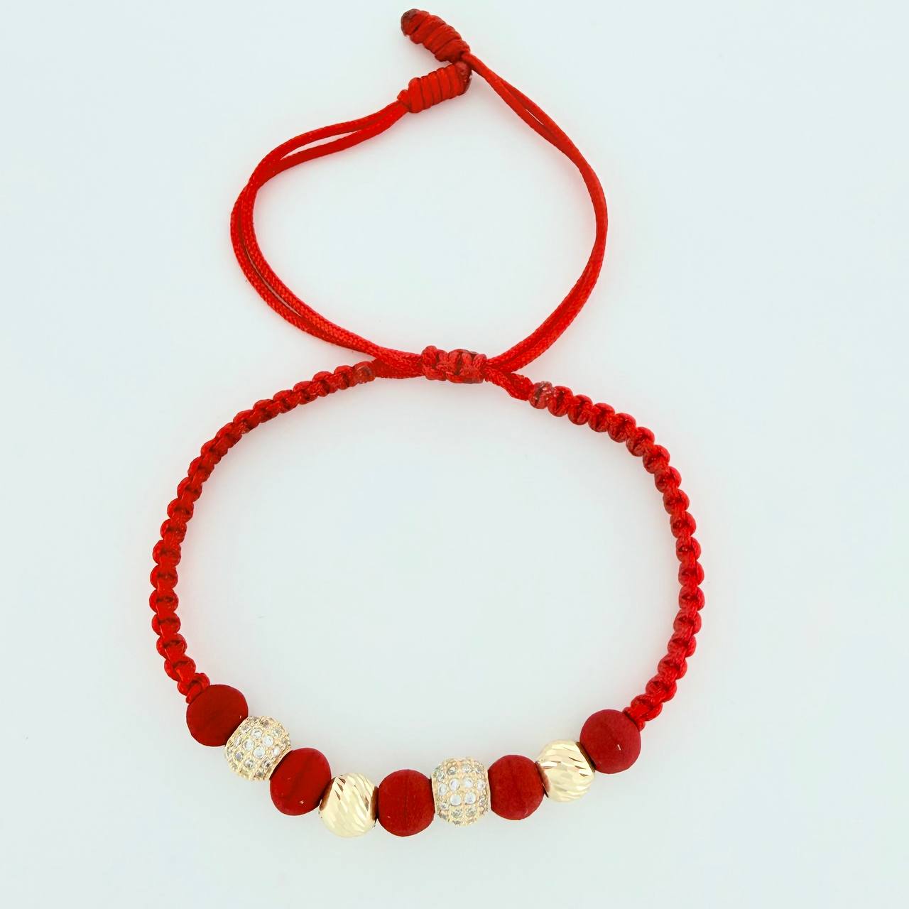 Pulsera Tejida Roja Bolas de Fuego Bolas Diamantadas Oro Amarillo 18K