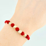 Pulsera Tejida Roja Bolas de Fuego Bolas Diamantadas Oro Amarillo 18K