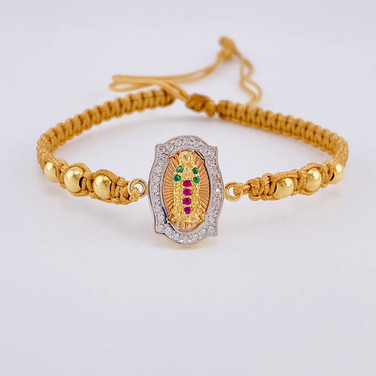 Brown Woven Bracelet Virgin of Guadalupe Charm Plain Beads Yellow Gold 18K