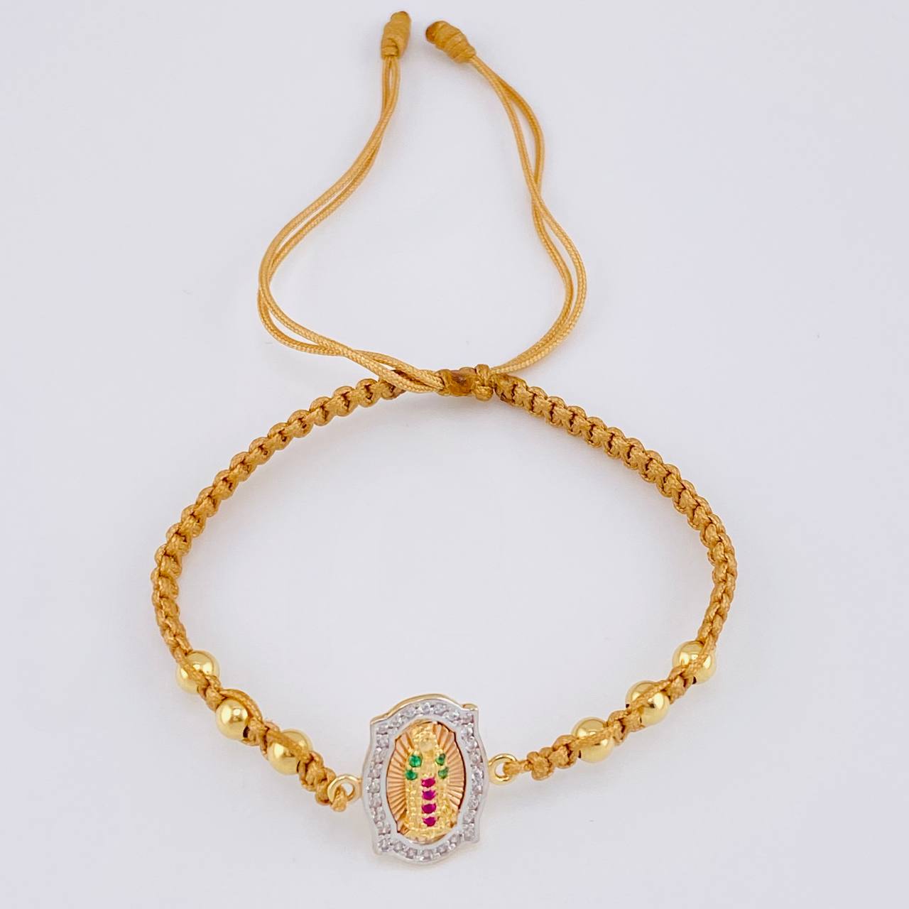Pulsera Tejida Cafe Herraje de la Virgen de Guadalupe Bolas Lisas Oro Amarillo 18K