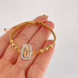 Pulsera Tejida Cafe Herraje de la Virgen de Guadalupe Bolas Lisas Oro Amarillo 18K