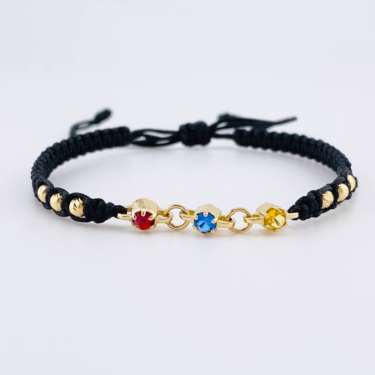 Black Woven Bracelet Trio Sparkles Diamond Cut Beads Yellow Gold 18K