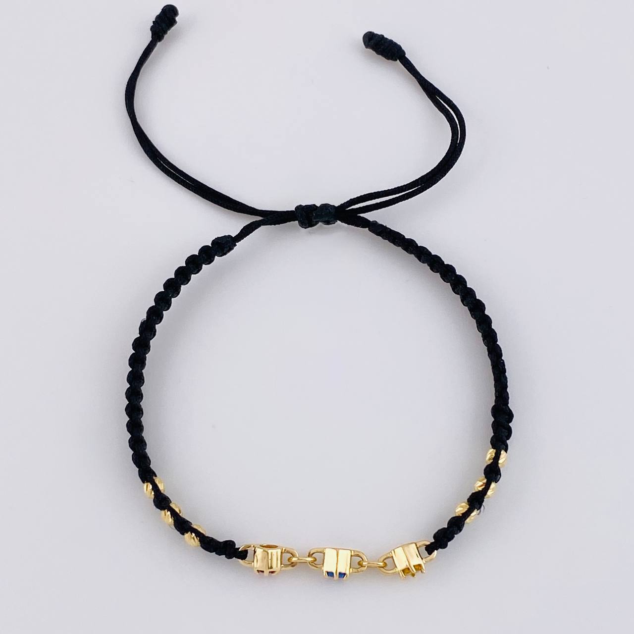 Black Woven Bracelet Trio Sparkles Diamond Cut Beads Yellow Gold 18K