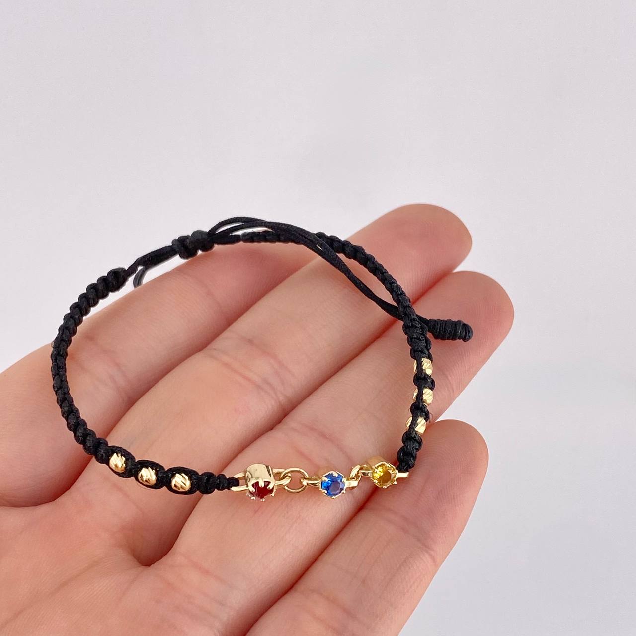 Black Woven Bracelet Trio Sparkles Diamond Cut Beads Yellow Gold 18K