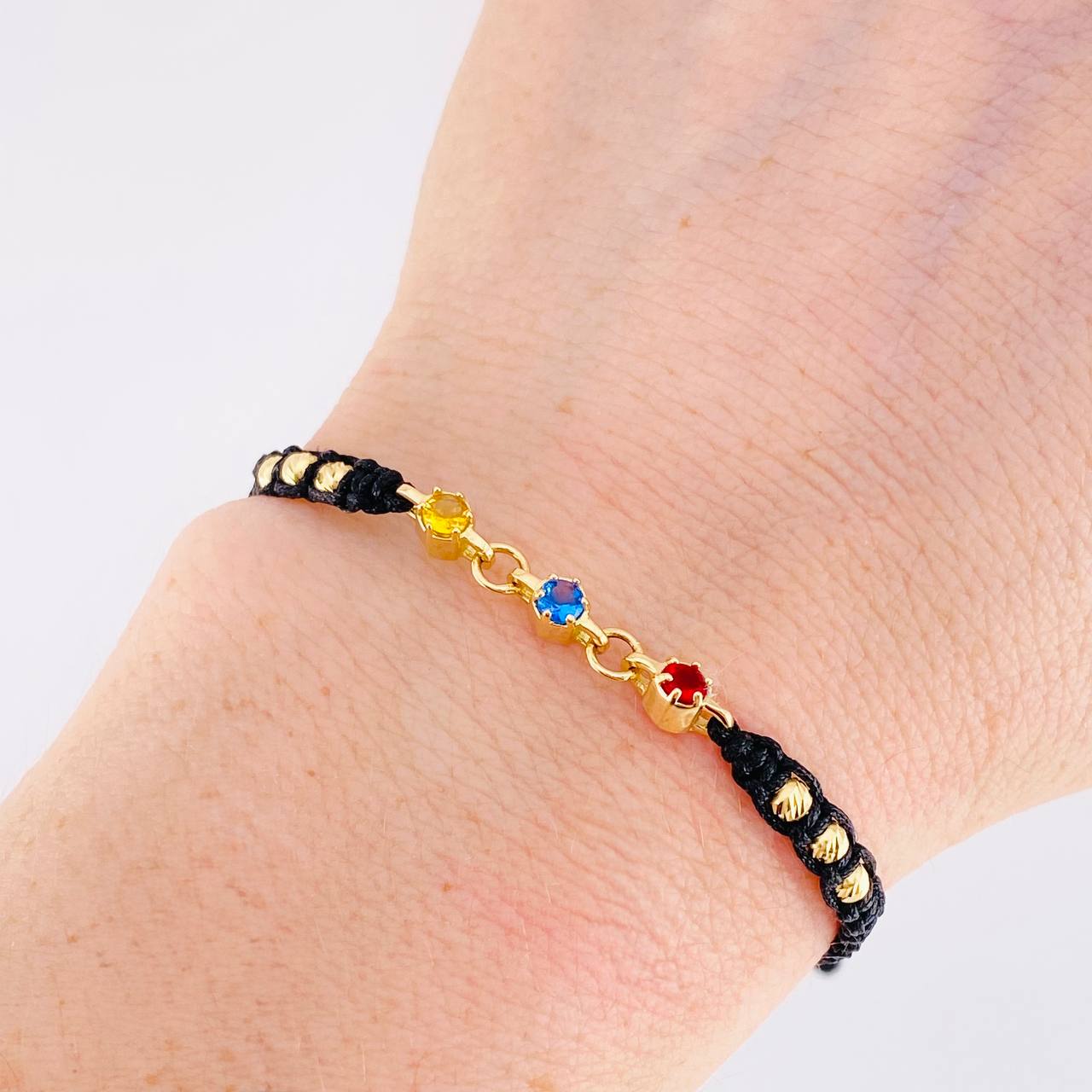 Black Woven Bracelet Trio Sparkles Diamond Cut Beads Yellow Gold 18K
