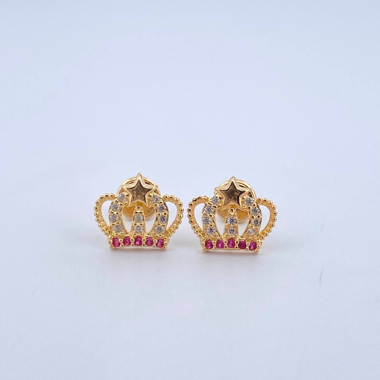 Stud Earrings Corona Star 1.5gr / 9mm / White Fuchsia Zircons 18K Yellow Gold