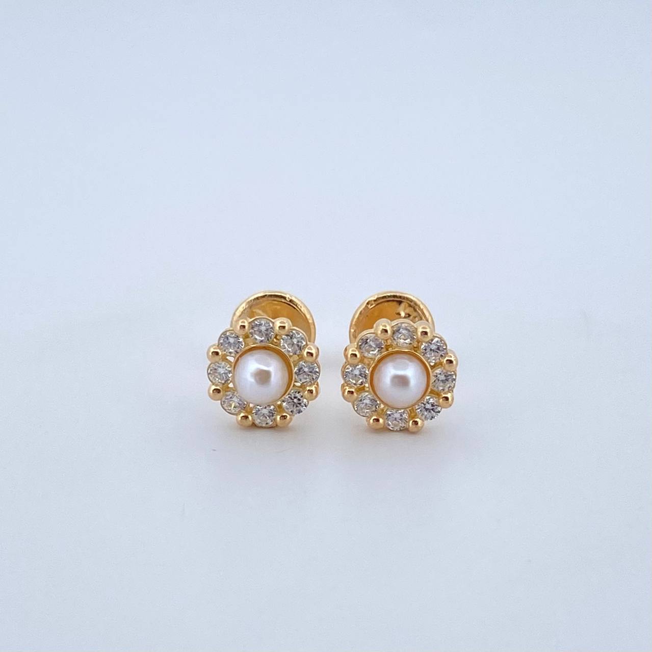 Stud Earrings Halo Pearl Flower 1.4gr / 7mm / White Zircons 18K Yellow Gold