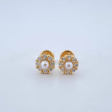 Stud Earrings Halo Pearl Flower 1.1gr / White Zircons Yellow Gold 18K $