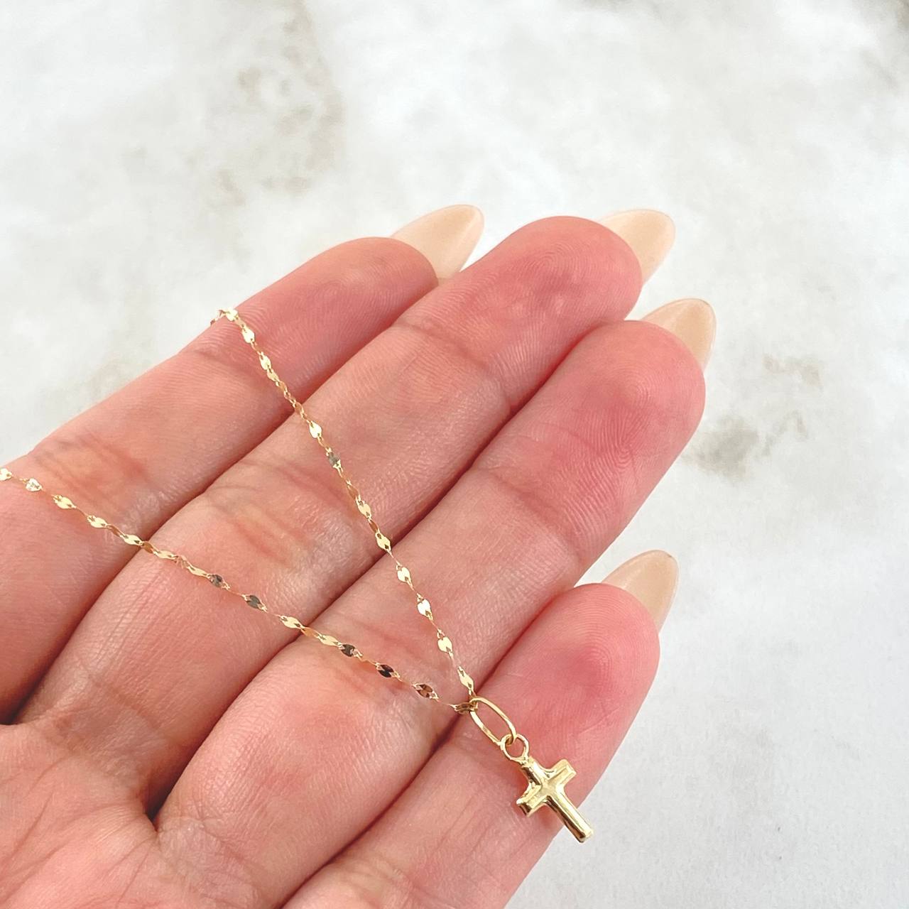 Set Cadena y Dije Mini Flor Espejo + Cruz Lisa 0.55gr / Oro Amarillo 18K