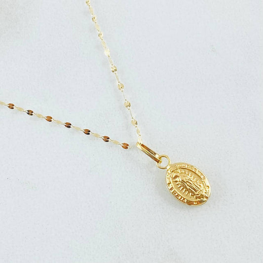Set Cadena y Dije Mini Flor Espejo + Virgen Guadalupe 0.7gr / Oro Amarillo 18K