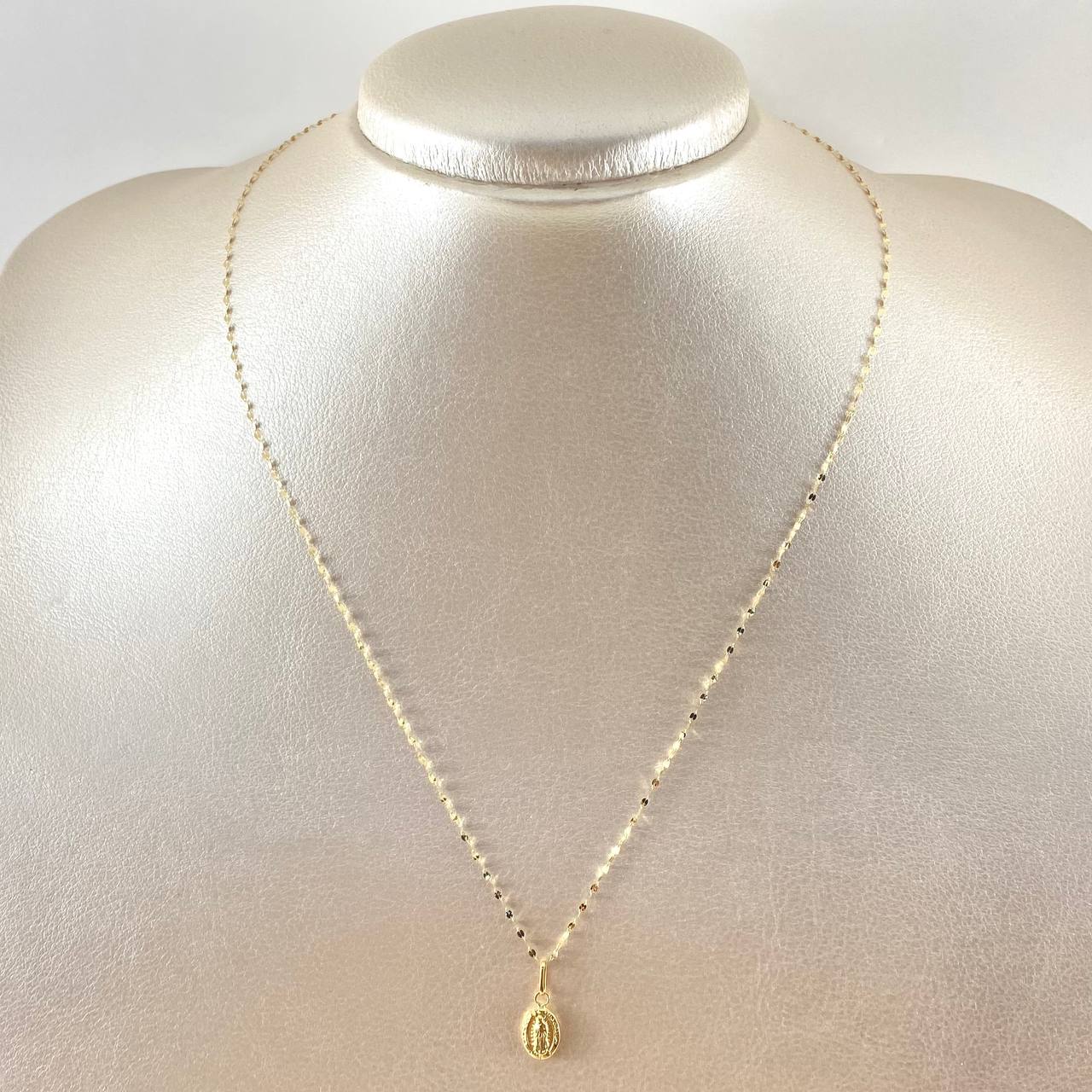 Chain and Mini Flower Mirror Pendant Set + Virgin Guadalupe 0.6gr / 18K Yellow Gold