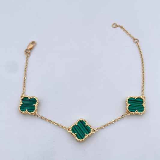 Pulso Aro Seguido Trebol Gradual 5.1gr / 17.3cm-19.7cm / 1.4mm Malaquita Verde Oro Amarillo 18K $