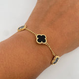 Pulso Espiga Trebol Gradual 5.6gr / 16.8cm-19.1cm / 1.5mm Onix Negros Oro Amarillo 18K $