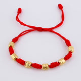 Pulsera Tejida Roja Siete Nudos Cilindros Diamantados Oro Amarillo 18K