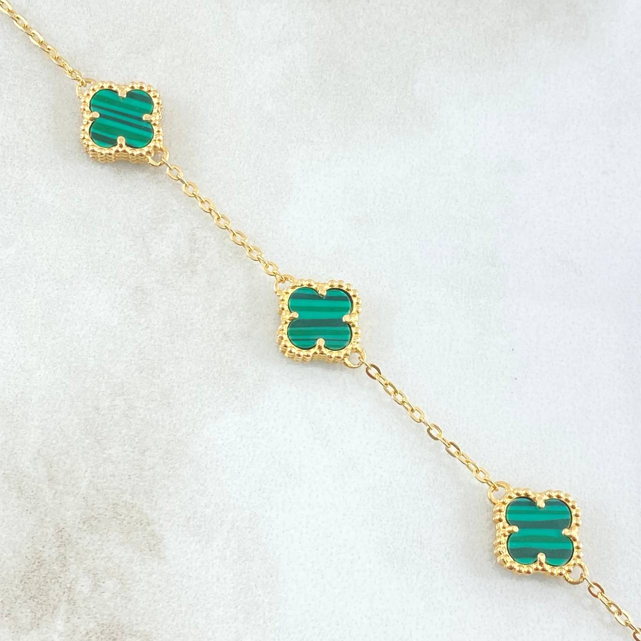 Classic Link Bracelet Gradual VCyA Clover 4.25gr / 16cm-18cm / 1.5mm Green Malachite Dotted 3pcs 18K Yellow Gold ©