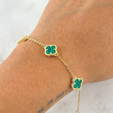 Classic Link Bracelet Gradual VCyA Clover 4.25gr / 16cm-18cm / 1.5mm Green Malachite Dotted 3pcs 18K Yellow Gold ©