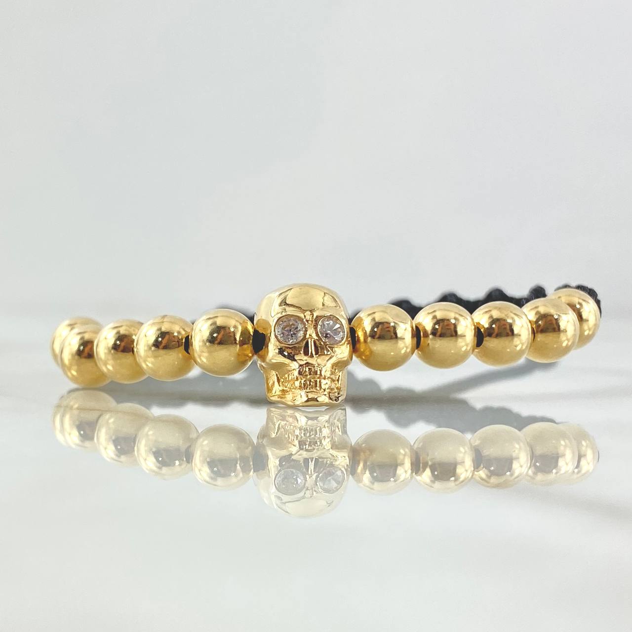 Black Bracelet Charm Skull 5gr / 6mm Beads Polished 10pcs White Zircons 18K Yellow Gold