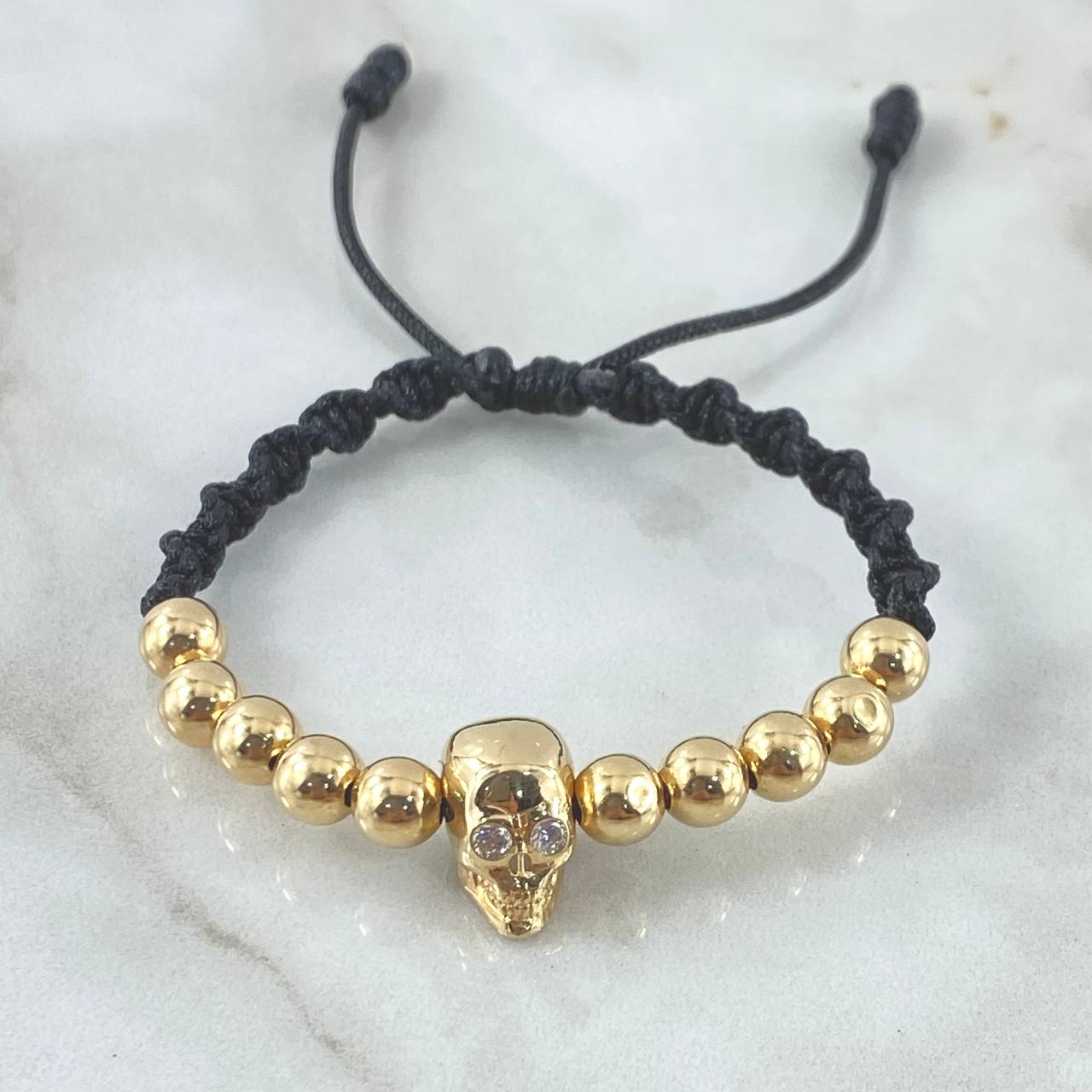 Black Bracelet Charm Skull 5gr / 6mm Beads Polished 10pcs White Zircons 18K Yellow Gold