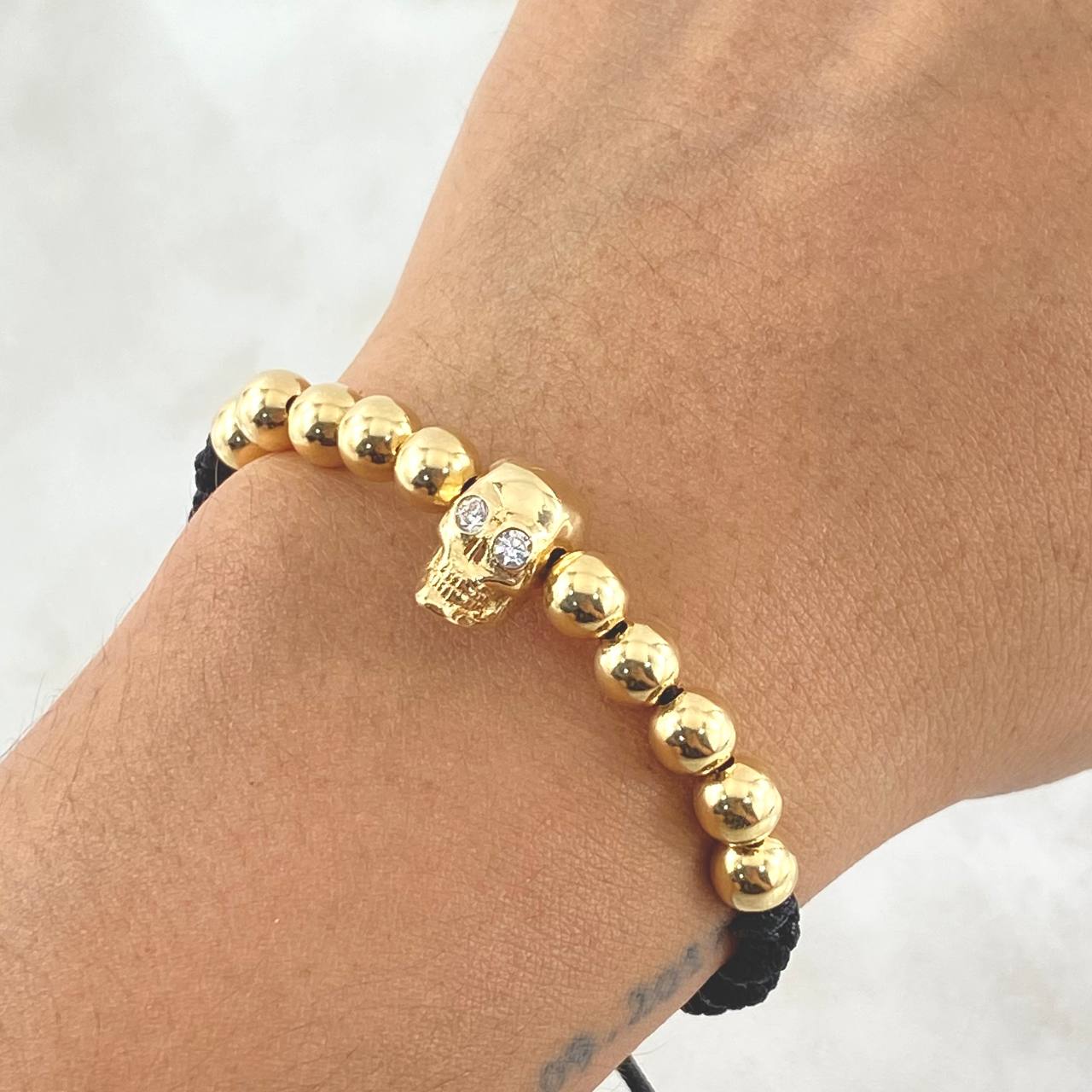 Black Bracelet Charm Skull 5gr / 6mm Beads Polished 10pcs White Zircons 18K Yellow Gold