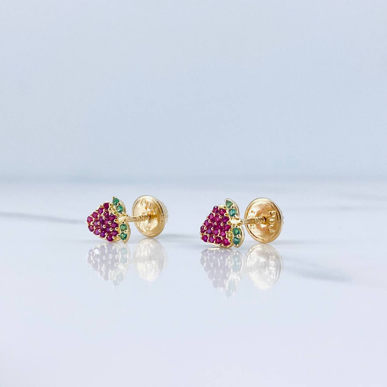 Stud Earrings Strawberry 0.75gr / Green Zircons Fuchsias 18K Yellow Gold &
