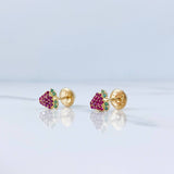 Stud Earrings Strawberry 0.75gr / Green Zircons Fuchsias 18K Yellow Gold &