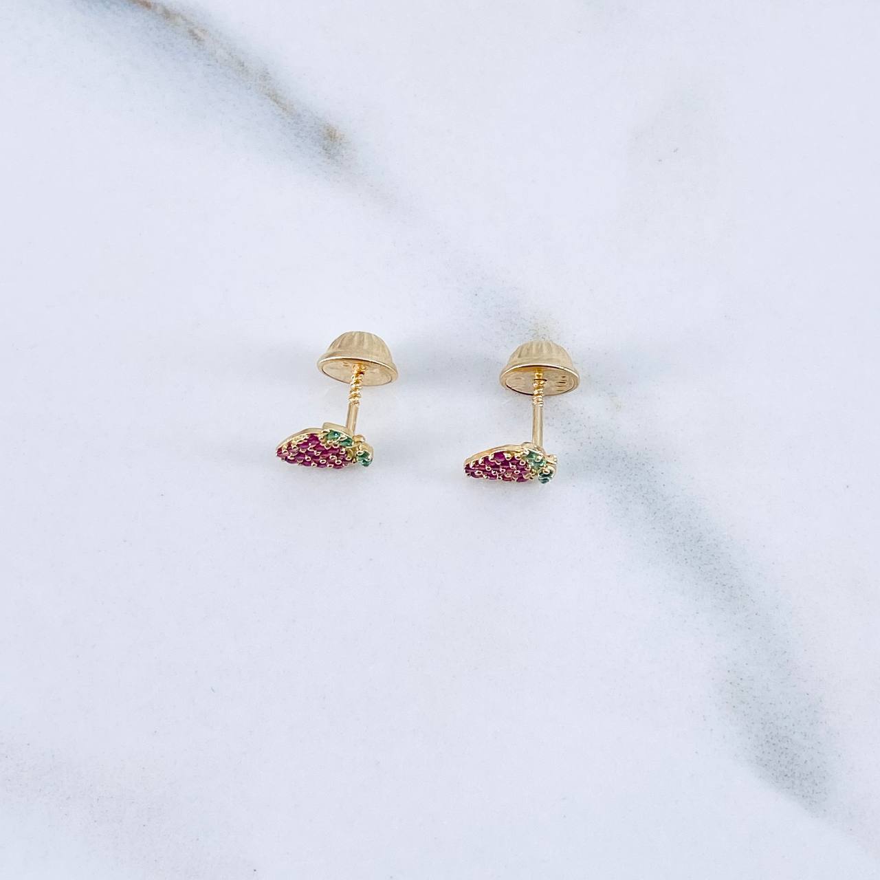 Stud Earrings Strawberry 0.75gr / Green Zircons Fuchsias 18K Yellow Gold &